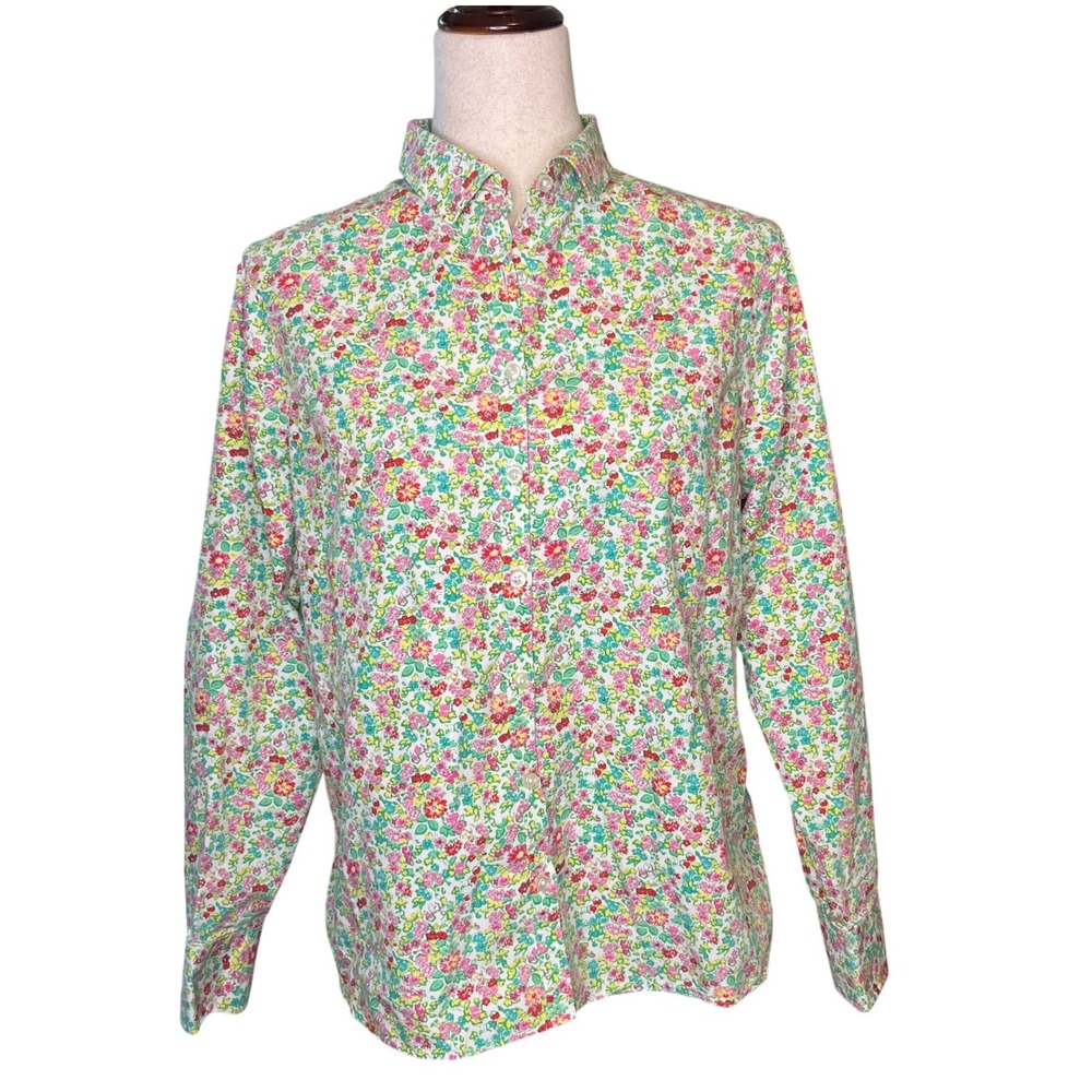 Lands End Button Down Shirt Womens 12P Floral No Iron Supima Cotton Cotagecore